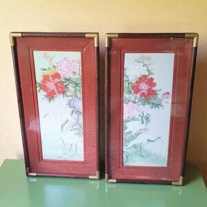 X Large Vintage Chinese Watercolor Prints in Decorative Wood Frames